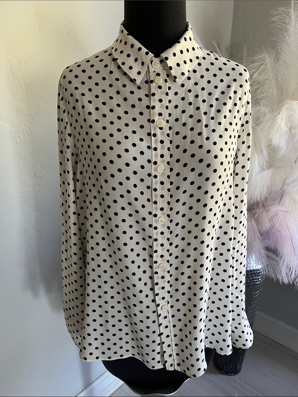 Zara White Polka Dot Button-Down Shirt with Black Dots